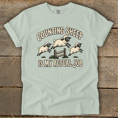 Light blue t-shirt with "COUNTING SHEEP IS MY ACTUAL JOB" and jumping sheep graphic.