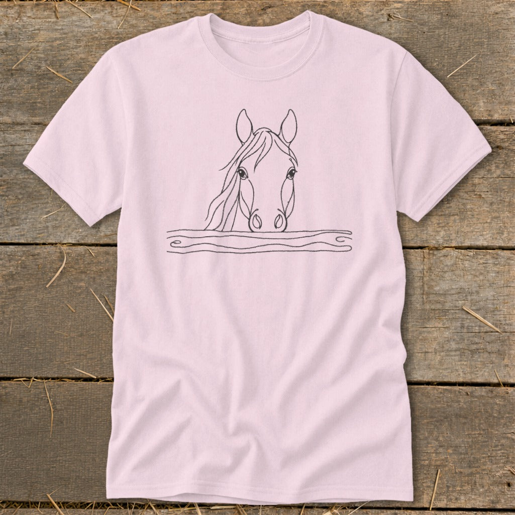 Pink t-shirt with a black line drawing of a horse's head over wavy lines.