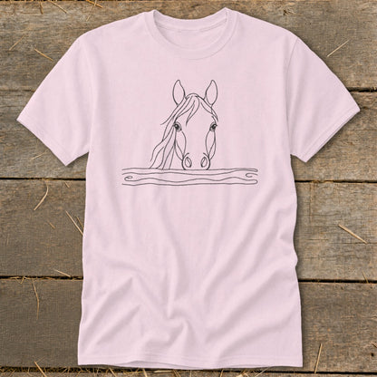 Pink t-shirt with a black line drawing of a horse's head over wavy lines.