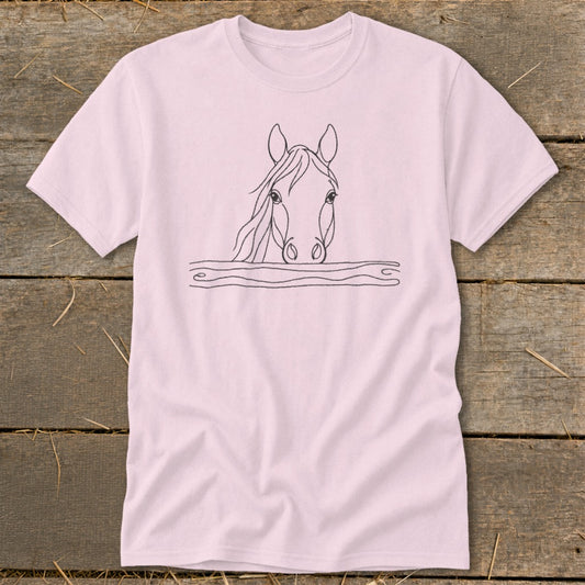 Pink t-shirt with a black line drawing of a horse's head over wavy lines.