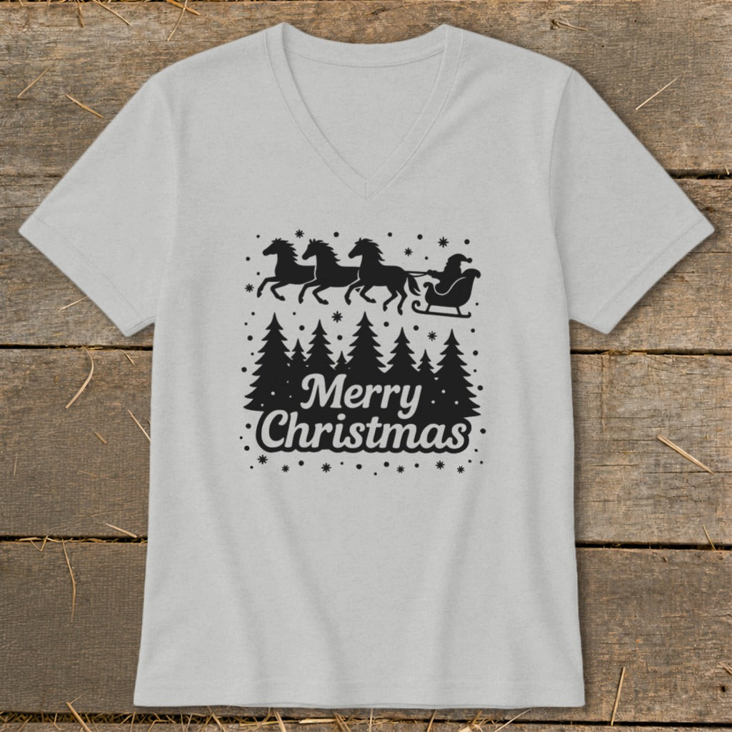 Grey v-neck t-shirt with black Christmas trees and Santa's sleigh pulled by horses.