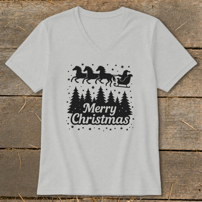 Grey v-neck t-shirt with black Christmas trees and Santa's sleigh pulled by horses.