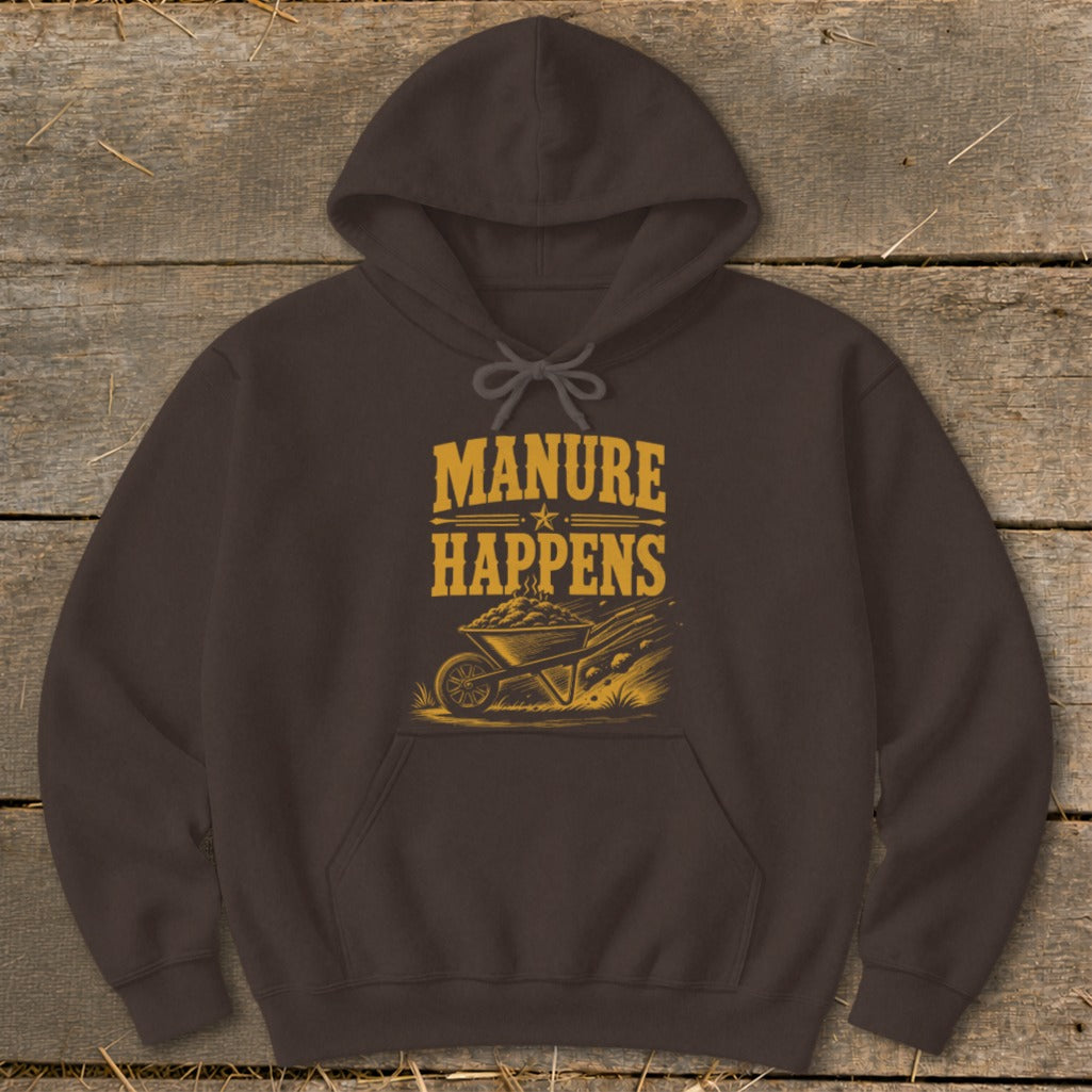 Brown hoodie with yellow "Manure Happens" text and wheelbarrow graphic.