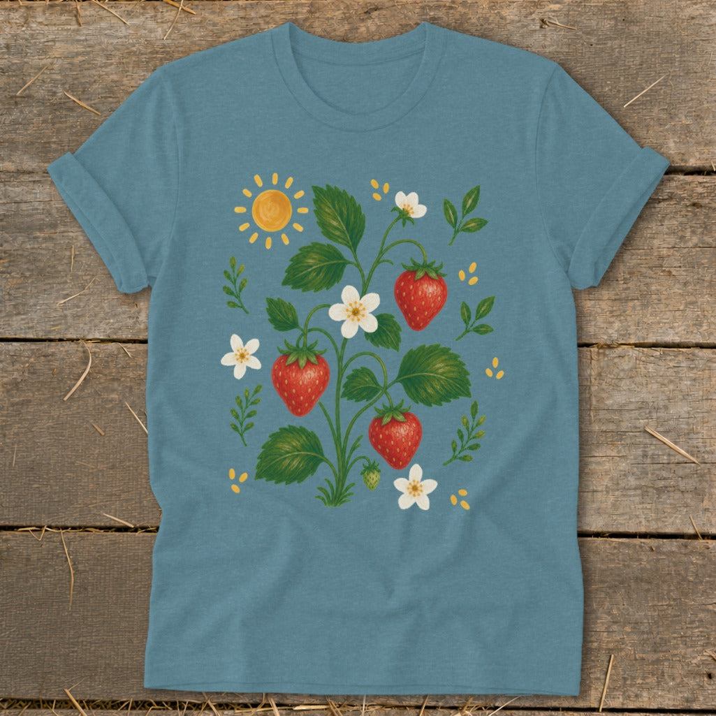 Blue t-shirt with a strawberry plant and sun graphic