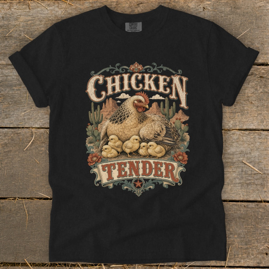 Black t-shirt with "Chicken Tender" text and a hen with chicks in a desert landscape.
