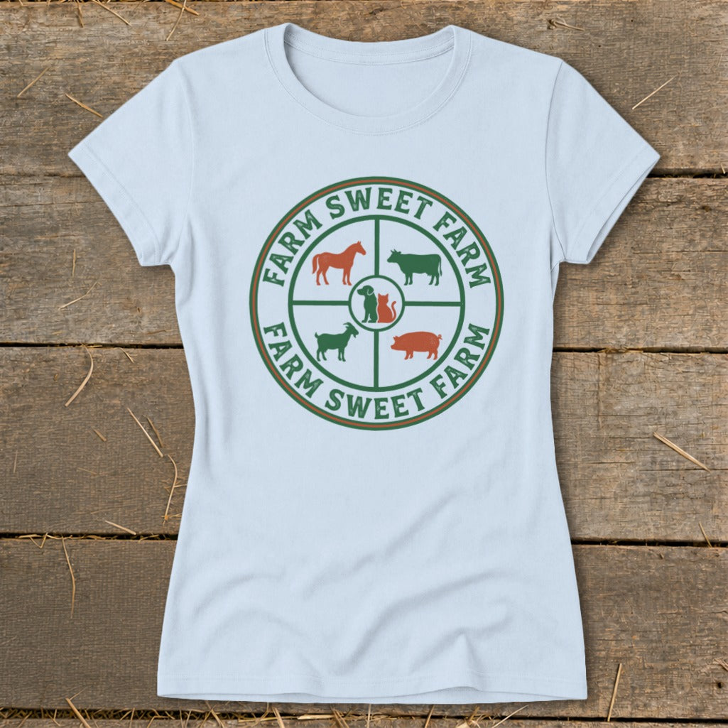 Light blue t-shirt with circular graphic of farm animals and text "FARM SWEET FARM".