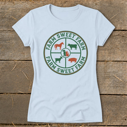 Light blue t-shirt with circular graphic of farm animals and text "FARM SWEET FARM".