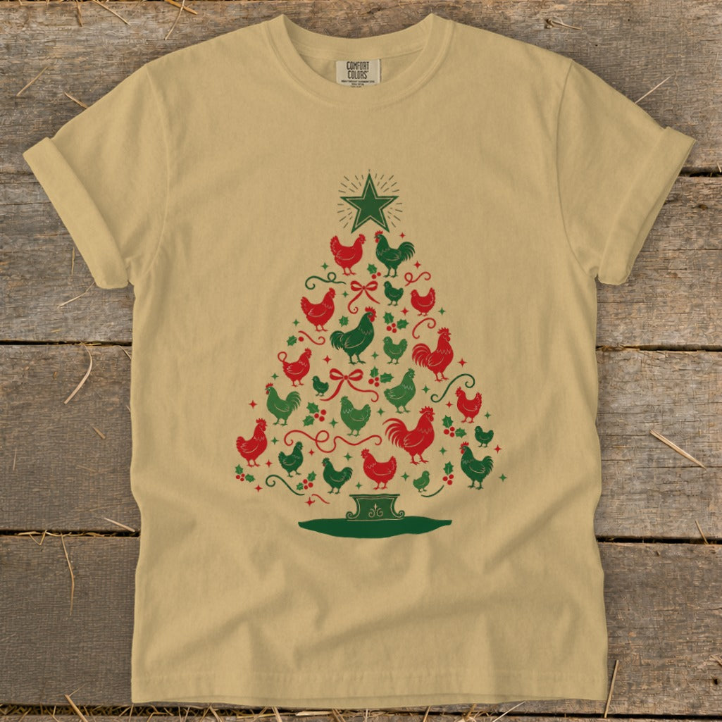 Tan t-shirt with a Christmas tree design made of red and green chickens.