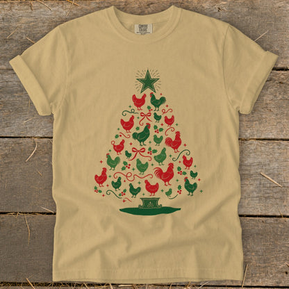 Tan t-shirt with a Christmas tree design made of red and green chickens.