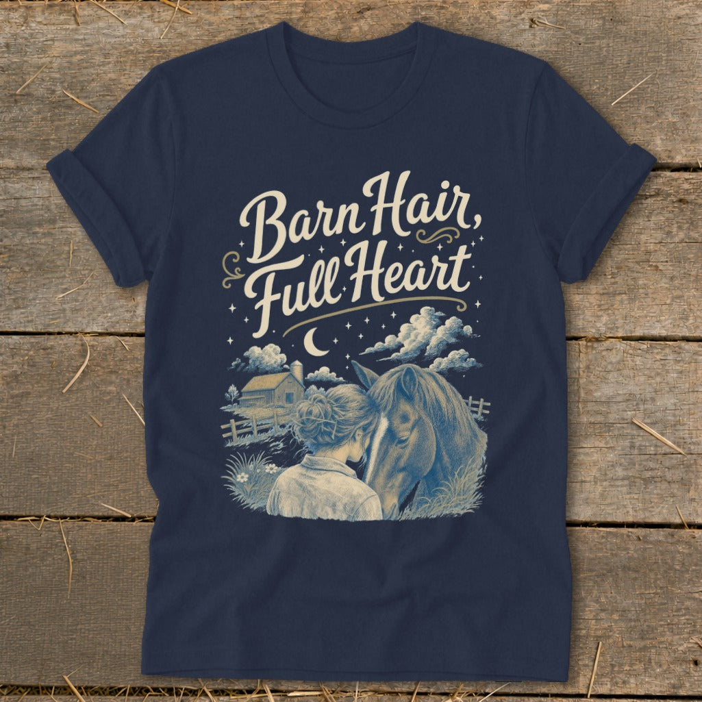Navy t-shirt with "Barn Hair, Full Heart" text and horse and rider illustration.