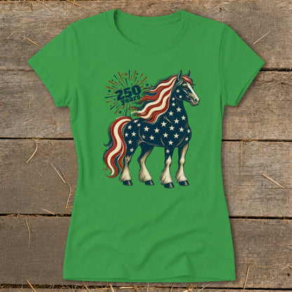Green t-shirt featuring a horse with stars and stripes, and text "250 years".
