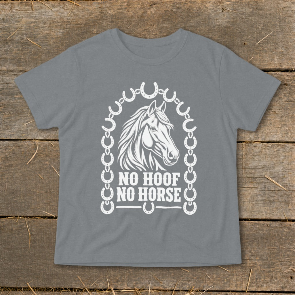 Grey t-shirt with white horse head graphic, horseshoes, and text "NO HOOF NO HORSE".