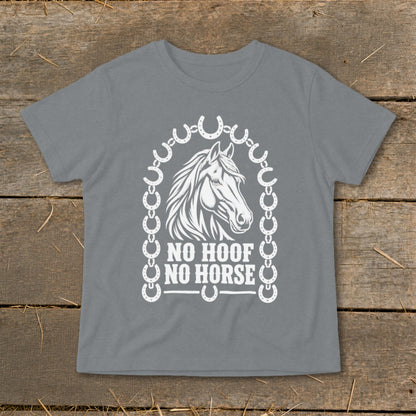 Grey t-shirt with white horse head graphic, horseshoes, and text "NO HOOF NO HORSE".