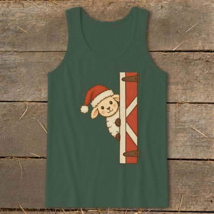 Green tank top with a Christmas sheep peeking around a barn door graphic.