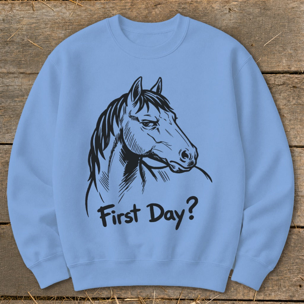 Light blue sweatshirt with a black line drawing of a horse's head and the text "First Day?".