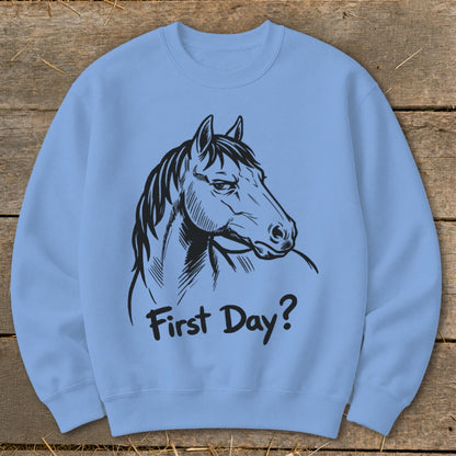 Light blue sweatshirt with a black line drawing of a horse's head and the text "First Day?".