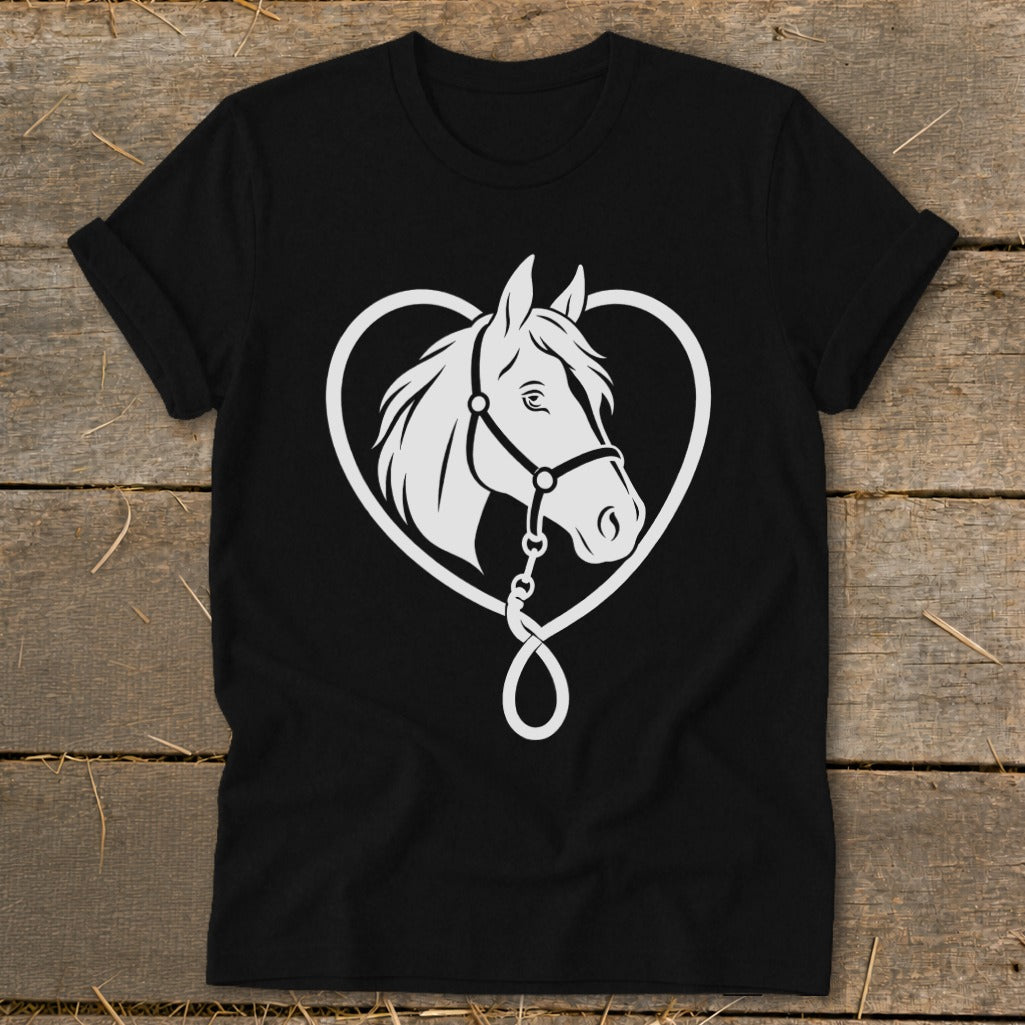 A black t-shirt with a white graphic of a horse's head framed by a heart shape.
