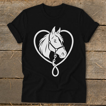 A black t-shirt with a white graphic of a horse's head framed by a heart shape.
