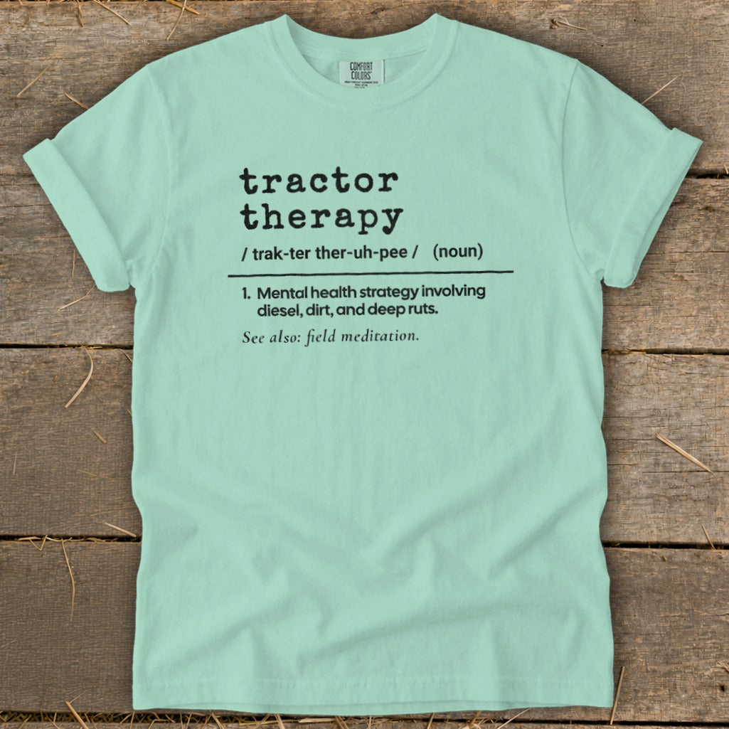 Light blue t-shirt with "Tractor Therapy" definition and pronunciation.