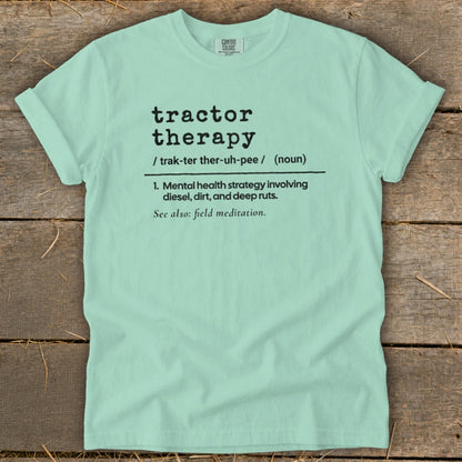 Light blue t-shirt with "Tractor Therapy" definition and pronunciation.