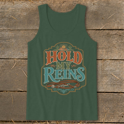 Dark green tank top with "Hold My Reins" text and horse bridle graphic.