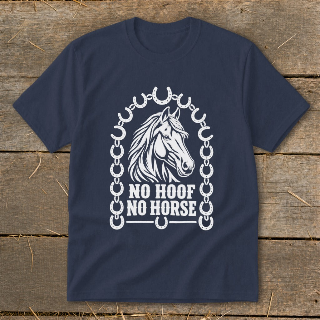 Navy t-shirt with horse head and "NO HOOF NO HORSE" text.