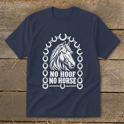 Navy t-shirt with horse head and "NO HOOF NO HORSE" text.