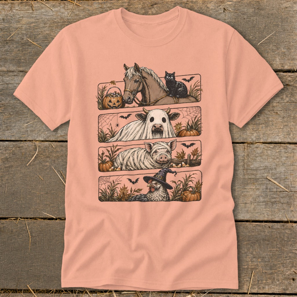 Horse with black cat, cow ghost, mummy pig, and witch chicken Halloween graphic.