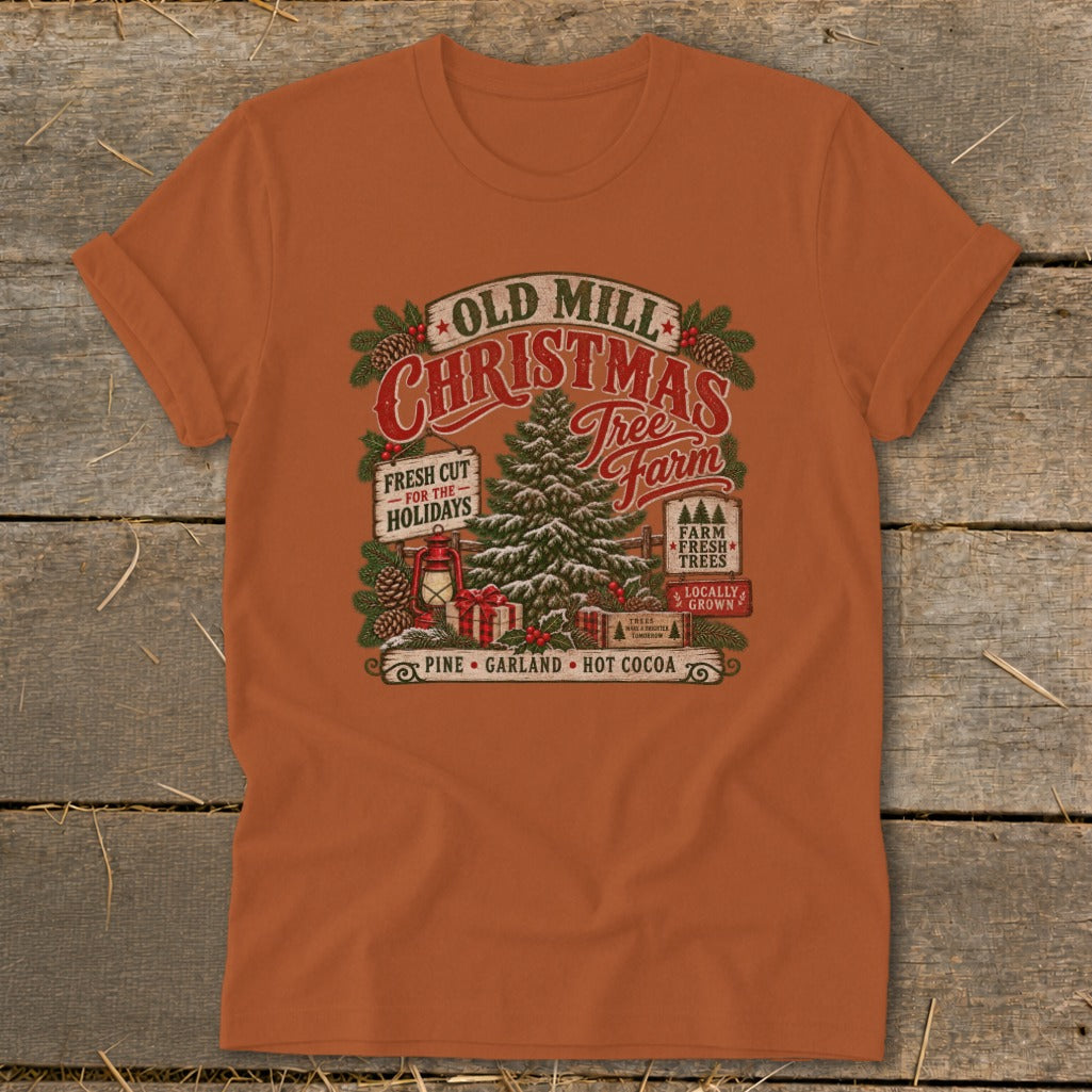 "Old Mill Christmas Tree Farm" graphic with tree, gifts, and text.