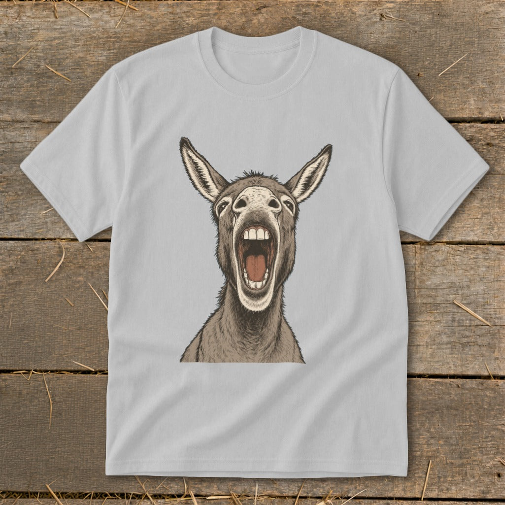 Light grey t-shirt with a close-up illustration of a donkey with its mouth wide open.
