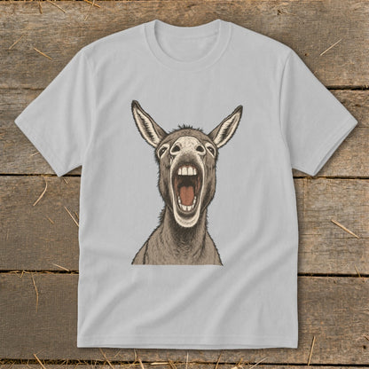 Light grey t-shirt with a close-up illustration of a donkey with its mouth wide open.
