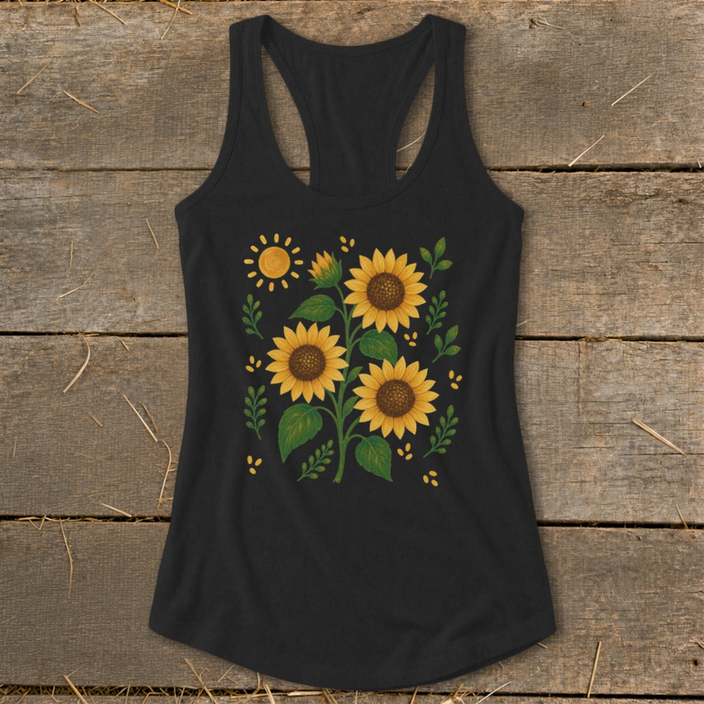 Black racerback tank top with a floral sunflower and sun design.