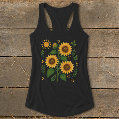 Black racerback tank top with a floral sunflower and sun design.