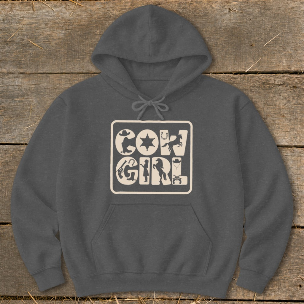 Dark grey hoodie with "COW GIRL" text and Western-themed graphics.