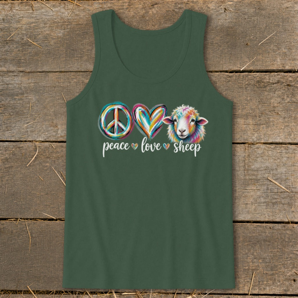 Green tank top with peace, heart, and sheep graphic and text.
