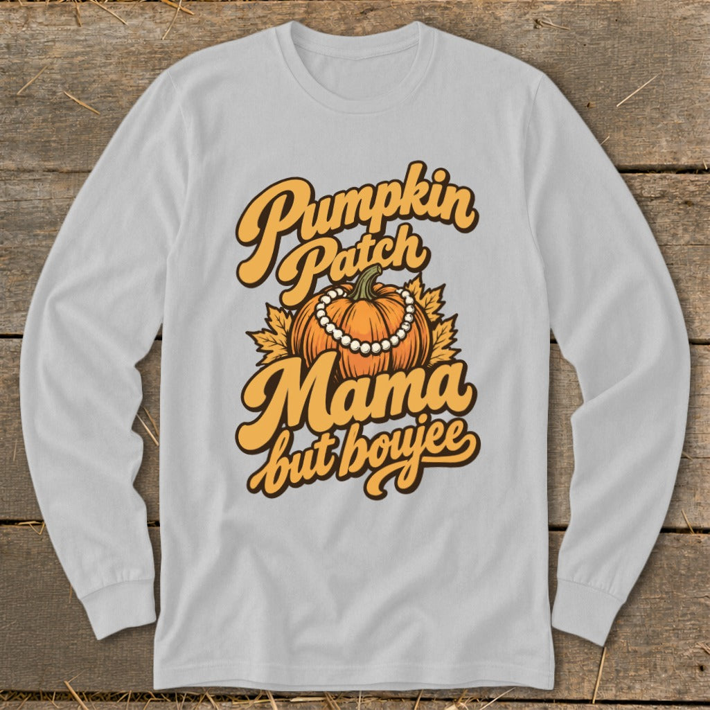 Pumpkin Patch Mama but boujee text with pumpkin and pearl necklace.