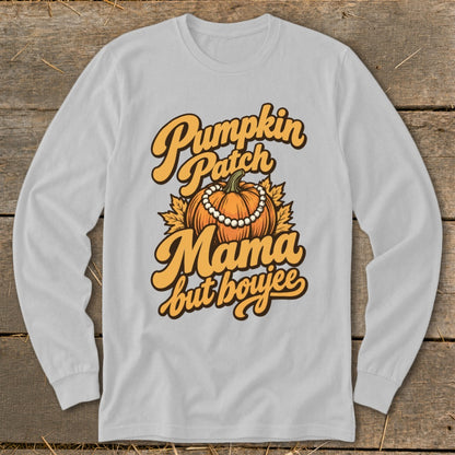 Pumpkin Patch Mama but boujee text with pumpkin and pearl necklace.