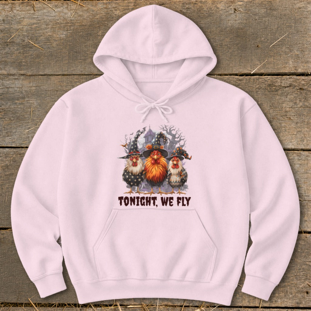Three witches hats on chickens with "Tonight, We Fly" text.