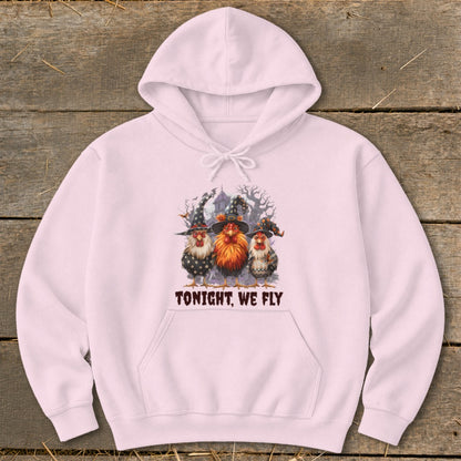 Three witches hats on chickens with "Tonight, We Fly" text.