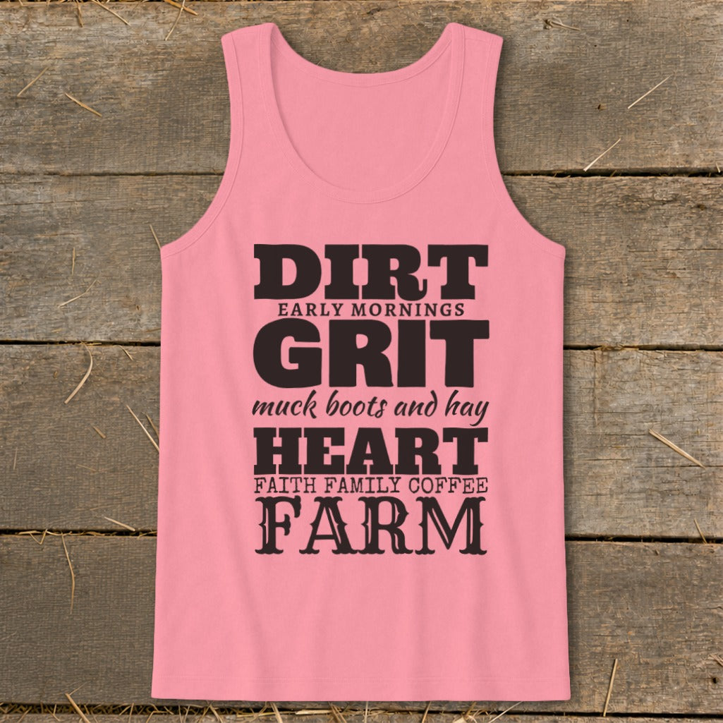 Pink tank top with black text: DIRT, GRIT, HEART, FARM.