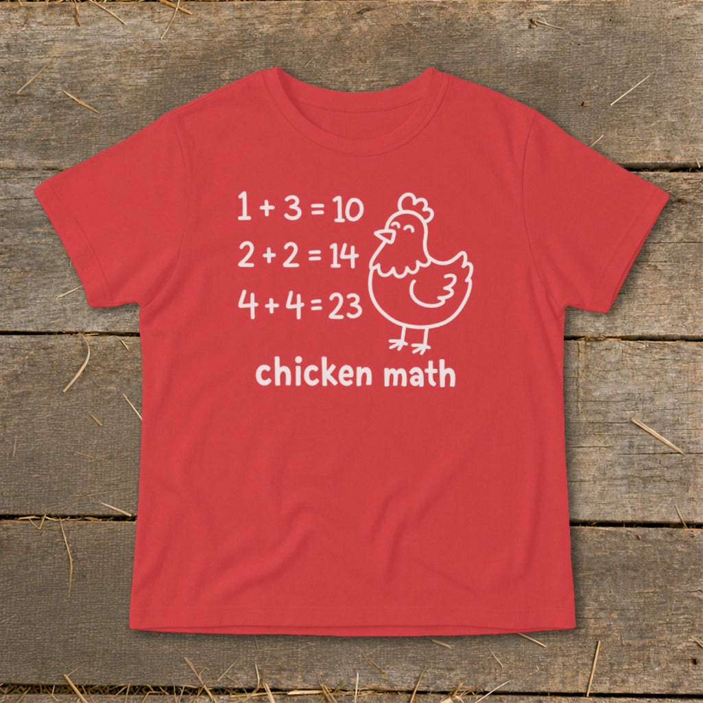 Red t-shirt with "chicken math" and humorous math equations with a chicken graphic.
