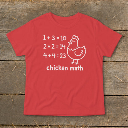 Red t-shirt with "chicken math" and humorous math equations with a chicken graphic.