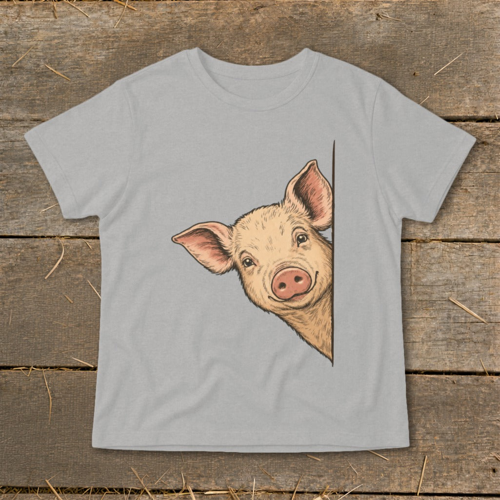 Grey t-shirt with a happy pig illustration peeking from the side.