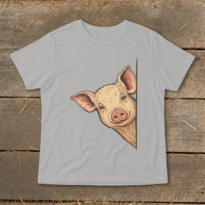 Grey t-shirt with a happy pig illustration peeking from the side.