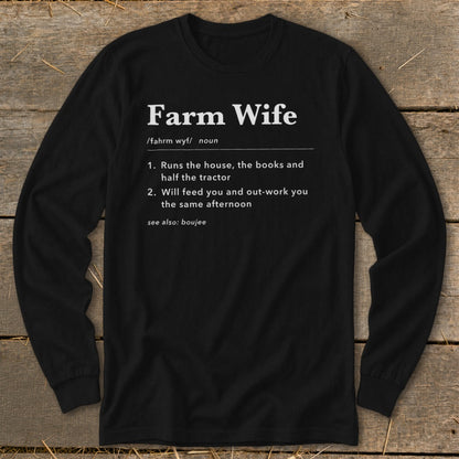 Black long-sleeve shirt with "Farm Wife" definition and humorous descriptions.
