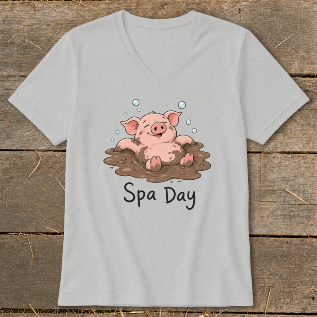Light gray t-shirt with a cartoon pig relaxing in mud with bubbles, text reads "Spa Day".