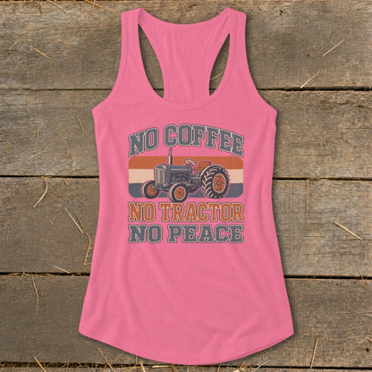 Pink tank top with text "NO COFFEE NO TRACTOR NO PEACE" and a tractor graphic.