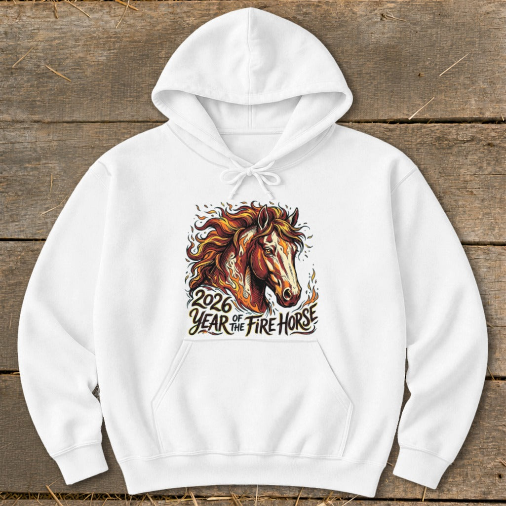White hoodie with graphic of a fiery horse and text "2026 Year of the Fire Horse".