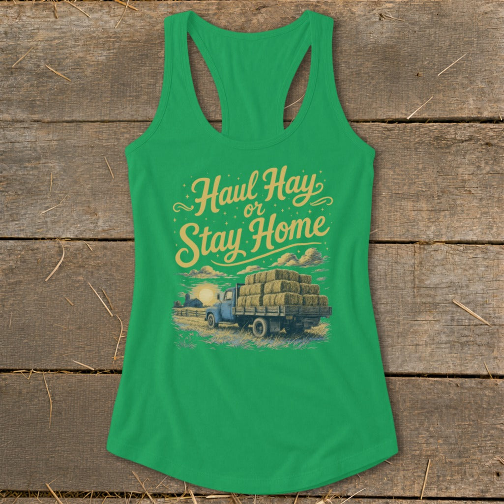 Green tank top with "Haul Hay or Stay Home" text over a truck loaded with hay bales.