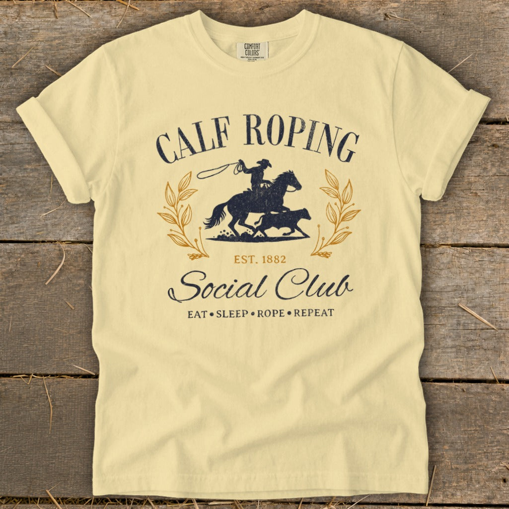 Calf Roping Social Club t-shirt with horse, rider, calf, and text.